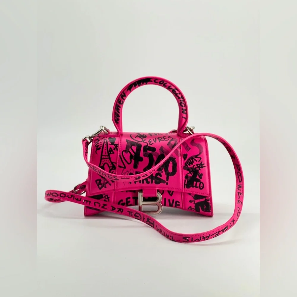 Balenciaga Graffiti Hourglass Top Handle Pink Leather Bag - Picture 2 of 10